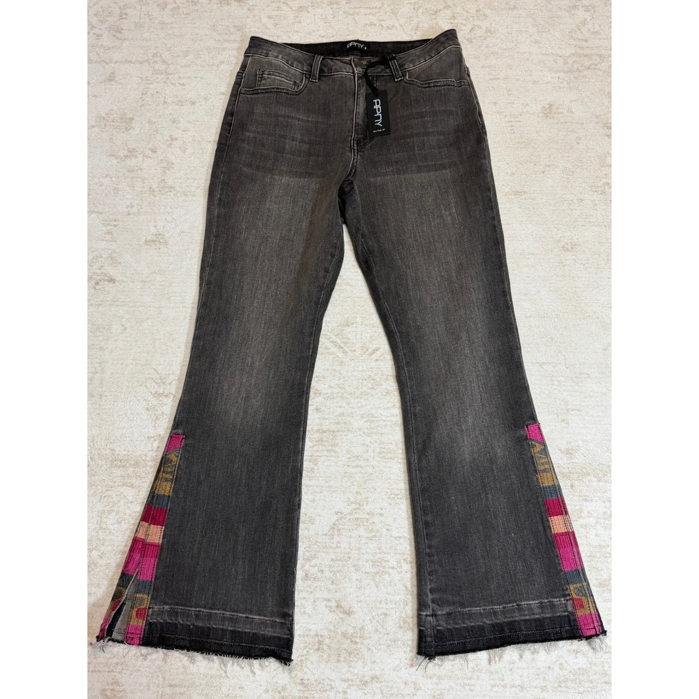 APNY Womens Washed Black Flare Jeans Embroidered Side Slit Size 6 NEW